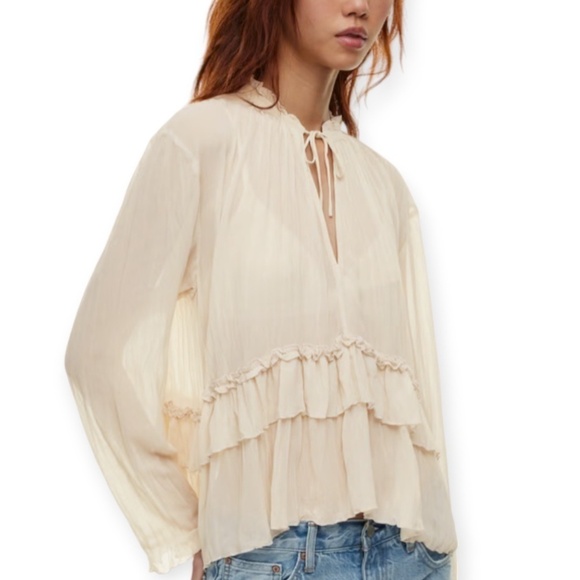 Aritzia Wilfred Decorum Matte Pearl Cream Blouse Chiffon ruffle blouse Sz Small - Picture 4 of 12